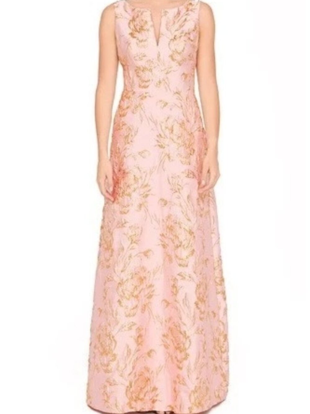 Kay Unger Blush Pink Gold Guilietta Floral Jacquard Gown